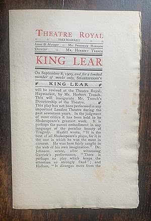 [Original prospectus for the September 8, 1909, revival of King Lear at the Theatre Royal, Haymar...