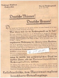 Immagine del venditore per FLUGBLATT REICHTAGSWAHL 1932 - BRUNO DOEHRING (1879-1961) deutscher evangelisch-lutherischer Pfarrer. Als Prediger am Berliner Dom in den Jahren von 1914 bis 1960 wurde er in der evangelischen Kirche Berlins zu einer populren Gestalt. Kirchlich vertrat er eine streng konservative Position. Er zeigte sich bis weit ins Dritte Reich hinein kaisertreu. In der Weimarer Republik war er Mitgrnder und Fhrer der Deutschen Reformationspartei. Von September 1930 bis Juni 1933 sa er fr die DNVP im Reichstag. An der Friedrich-Wilhelms-Universitt Berlin war er von 1923 bis 1940 Dozent fr evangelische Theologie, von 1946 bis 1960 Professor fr praktische Theologie. venduto da Herbst-Auktionen