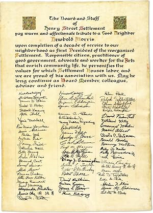 Original Calligraphic Tribute to Newbold Morris, Signed by Seventy-One Board Members, Staff, and ...