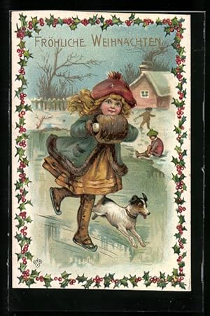 Bild des Verkufers fr Ansichtskarte kleine Schlittschuhluferin mit Muff und Hund, Neujahr zum Verkauf von Bartko-Reher