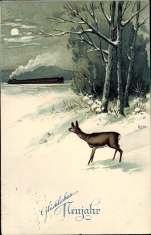 Ansichtskarte / Postkarte Glückwunsch Neujahr, Winterlandschaft mit Reh und Eisenbahn
