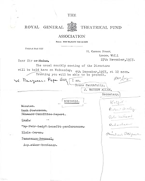 Seller image for [The Royal General Theatrical Fund Association, London.] Three copies of drafts of an advertisement, composed by theatre historian W. Macqueen-Pope, with copy of covering letter to Secretary J. Mayhew Allen; and later corrected draft of circular. for sale by Richard M. Ford Ltd