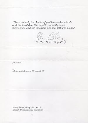 Bild des Verkufers fr Peter Lilley Conservative MP Hand Signed Quotation Autograph zum Verkauf von Postcard Finder
