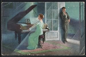 Bild des Verkufers fr Knstler-Ansichtskarte F.Schlemo: Sein Lieblingslied, der Mann lauscht dem Klavierspiel der Frau zum Verkauf von Bartko-Reher