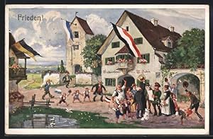 Bild des Verkufers fr Knstler-Ansichtskarte Ernst Schlemo: Mann verkndet im Dorf das Ende des Krieges: Frieden! zum Verkauf von Bartko-Reher