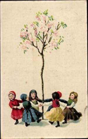 Bild des Verkufers fr Prge Ansichtskarte / Postkarte Mdchen tanzen Reigen um einen blhenden Baum zum Verkauf von akpool GmbH