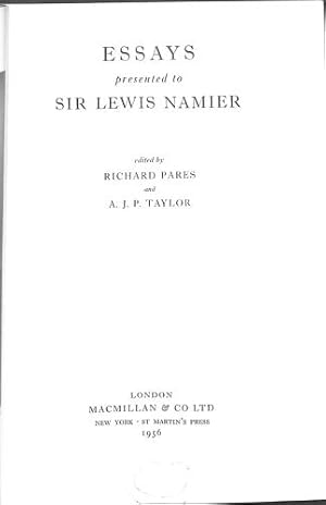 Bild des Verkufers fr Essays Presented to Sir Lewis Namier zum Verkauf von WeBuyBooks