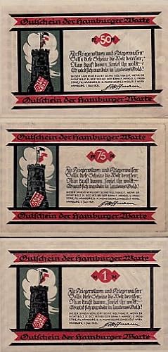 3 farbige Gutscheine der Hamburger Warte über 50, 75 Pfennig und 1 Mark.