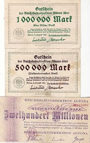 3 Gutscheine über 500 Tausend, 1 Million und 200 Millionen Mark.