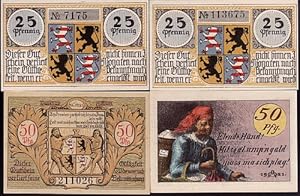 4 farbige Scheine der Stadt Hildburghausen über 25 (2), 50 und 75 Pfennig.