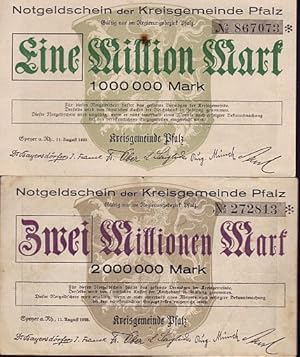 2 Notgeldscheine der Kreisgemeinde Pfalz über Eine bzw. Zwei Millionen Mark.