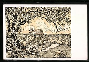 Bild des Verkufers fr Ansichtskarte Veste Coburg, Handzeichnung, Blick durch Bume auf die Coburg zum Verkauf von Bartko-Reher