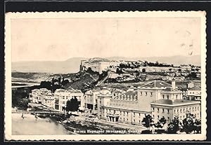 Ansichtskarte Skopje, Teilansicht mit Brücke und Bergpanorama