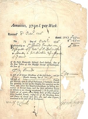 Bild des Verkufers fr [Sir Gerard Conyers, Lord Mayor of London and Governor of the Bank of England.] Autograph Signature to Printed Annuities Receipt, completed in manuscript to pay him 50 as assignee to an executor. zum Verkauf von Richard M. Ford Ltd