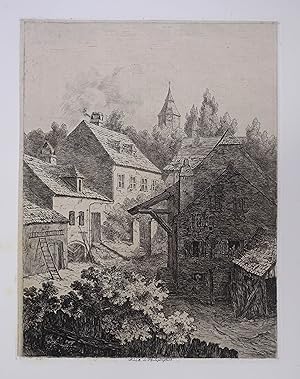 Mühle in Heiligenstadt. Radierung auf aufgewalztem Chinapapier von Conrad Grefe (links unten in d...