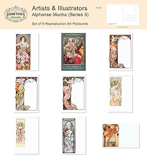 Bild des Verkufers fr Alphonse Mucha (Series 5) Lot of 9 Rare Antique Greeting Postcard Reproductions, Vintage Graphic Design zum Verkauf von CorgiPack