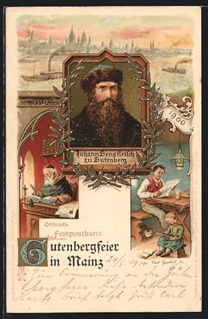 Lithographie Mainz, Festpostkarte Gutenbergfeier, Porträt Gutenberg, Ortspartie mit Dampfer, Lese...