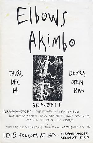 Original poster for a benefit performance by Elbows Akimbo at 1015 Folsom, San Francisco, 1989