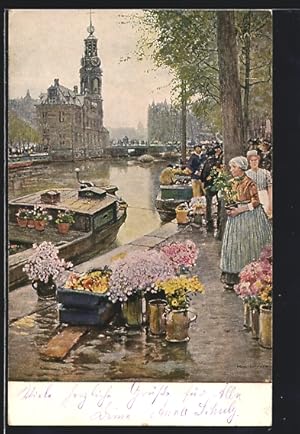 Künstler-Ansichtskarte Amsterdam, Motiv vom Blumenmarkt