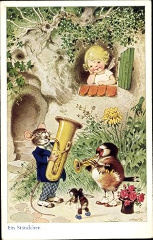 Künstler Ansichtskarte / Postkarte Baumgarten, Fritz, Ein Ständchen, Elfe, Maus, Biene, Vogel