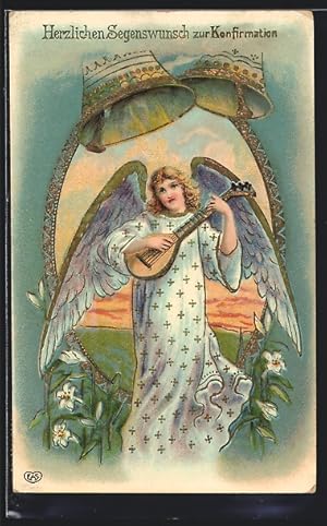 Ansichtskarte Engel mit Zupfinstrument, Segenswunsch zur Konfirmation