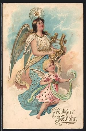 Bild des Verkufers fr Ansichtskarte Neujahrsengel mit Zupfinstrument und kleinen Engel an der Seite zum Verkauf von Bartko-Reher