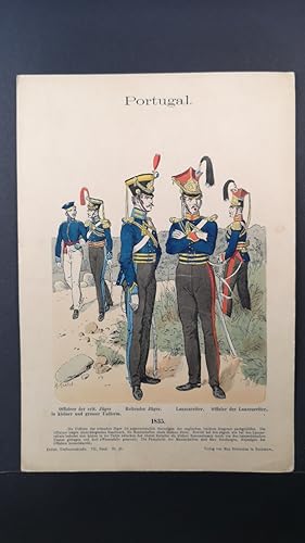 Bild des Verkufers fr Chromolithografie von 1896. Portugal. Offiziere der reit. Jger in kleiner und grosser Uniform. 1835. zum Verkauf von ANTIQUARIAT Franke BRUDDENBOOKS