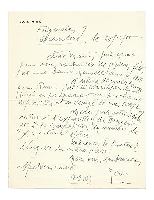 Seller image for Belle lettre de Mir, alors en plein travail pour sa prochaine exposition au Palais des Beaux-Arts de Bruxelles for sale by Le Manuscrit Franais