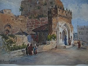 Antique Watercolor Painting Davidszitadelle Jerusalem 1898