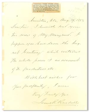 [Autograph Letter, Signed "James R Randall"]