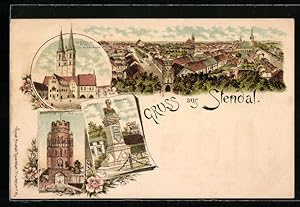 Bild des Verkufers fr Lithographie Stendal, Rathaus mit Roland u. St. Marien-Kirche, Unglinger Tor, Nachtigal-Denkmal zum Verkauf von Bartko-Reher