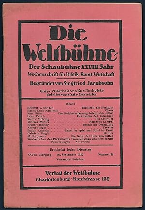 Bild des Verkufers fr Die Weltbhne. Der Schaubhne XXVIII.Jahr. Wochenschrift fr Politik - Kunst - Wirtschaft. Begrndet von Siegfried Jacobsohn. Unter Mitarbeit von Kurt Tucholsky geleitet von Carl v. Ossietzky. XXVIII. Jahrgang - 20.September 1932 - Nummer 38. zum Verkauf von Antiquariat Bibliomania