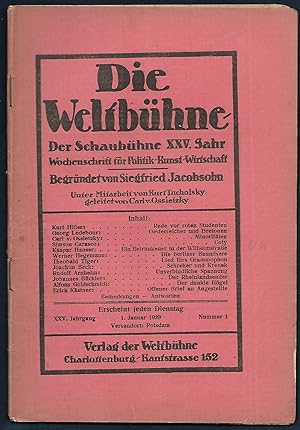 Die Weltbühne. Der Schaubühne XXV.Jahr. Wochenschrift für Politik - Kunst - Wirtschaft. Begründet...