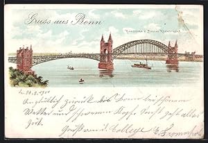 Lithographie Bonn, Panorama der Bonner Rheinbrücke