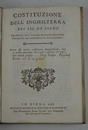 Seller image for Costituzione dell'Inghilterra& Tradotta dall'ultima edizione francese corretta ed accresciuta dall'autore. for sale by Studio Bibliografico Benacense