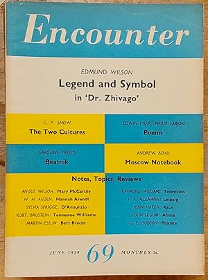 Imagen del vendedor de Encounter June 1959 Volume 12, No. 6 / W H Auden "Thinking What We Are Doing" / Edmund Wilson "Legend and Symbol in 'Dr. Zhivago'" / C P Snow "The Two Cultures" / Laurie Lee "Grannies In The Wainscot" / Andrew Boyd "Moscow Notebook" / Caroline Freud "Portrait Of The Beatnik / Walter Z Laqueur "After The Revolution In Iraq" Alan Ross "Dandy In Eloff Street" (poem) / Philip Larkin "The Whitsun Weddings" (poem) / Angus Wilson "The Intellectual On The Aisle" a la venta por Shore Books