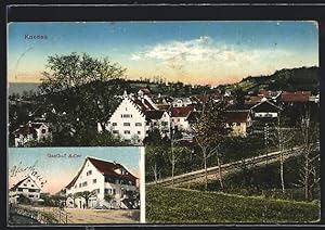 Ansichtskarte Knonau, Gasthof Adler mit Strasse und Pfarrhaus, Ortsansicht mit Bahnschienen