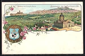 Lithographie Assisi, Panorama mit Wallfahrtskirche Portiunkula, Grabkirche und Stadt, Wappen