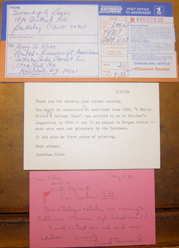 Hand Written & Signed Postcards & Shipping Label to Peter Howard of Serendipity Books, 1984.