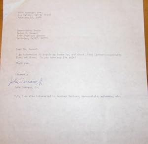 Typed & Signed letter Serrano to Serendipity Books (Peter Howard), February 17, 1984. RE:Ring Lar...