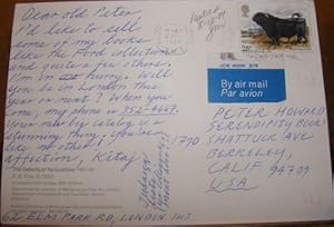 Hand Written & Signed Postcard Kitaj to Peter Howard of Serendipity Books, May 2, 1984.