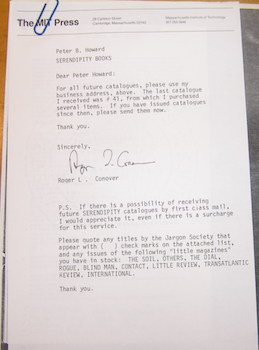 Seller image for Typed Signed letter Conover to Peter Howard of Serendipity Books. for sale by Wittenborn Art Books