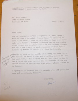 Typed & Signed letter Mesch to Serendipity Books (Peter Howard), 8 April, 1984.