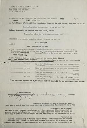 Immagine del venditore per Contract signed ("J.D. Salinger"), granting Portuguese-language publishing rights for The Catcher in the Rye to Editora Nacional (So Paulo) venduto da James Cummins Bookseller, ABAA