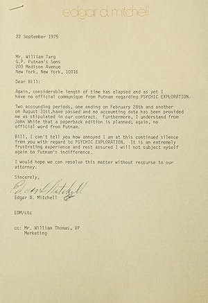 Bild des Verkufers fr A pair of typed letters signed ("Edgar D Mitchell" and "Ed M"), to Putnam's editor William Targ, relating to his 1974 book Psychic Exploration zum Verkauf von James Cummins Bookseller, ABAA