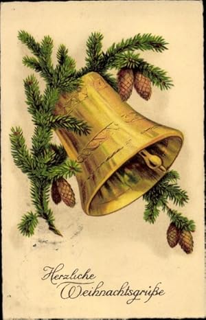 Ansichtskarte / Postkarte Glückwunsch Weihnachten, Glocke, Tannenzweige, Zapfen