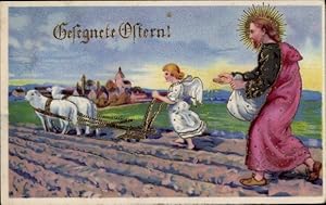 Ansichtskarte / Postkarte Glückwunsch Ostern, Lämmer, Jesus, Engel, Pflug, Landwirtschaft