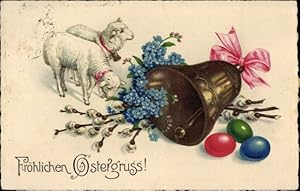 Ansichtskarte / Postkarte Glückwunsch Ostern, Lämmer, Glocke, Ostereier, Weidenkätzchen, Vergissm...