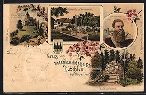 Lithographie Dübendorf, Wirtschaft zur Waldmannsburg Dübelstein, Portrait von Hans Waldmann