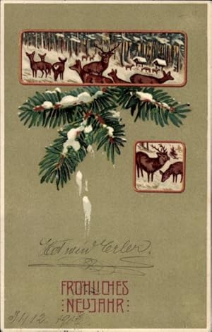 Präge Ansichtskarte / Postkarte Fröhliches Neujahr, Hirsche im Wald, Tannenzweig